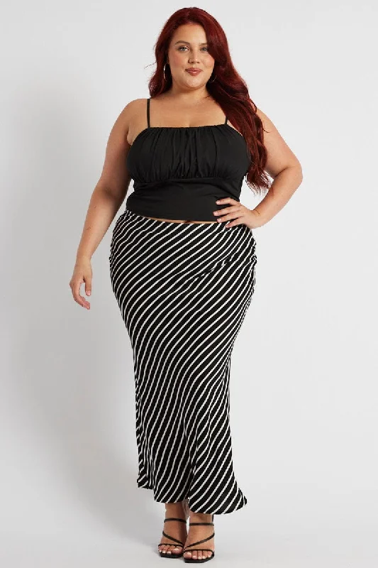 Black Stripe Bias Stripe Maxi Skirt velvet skirt glossy