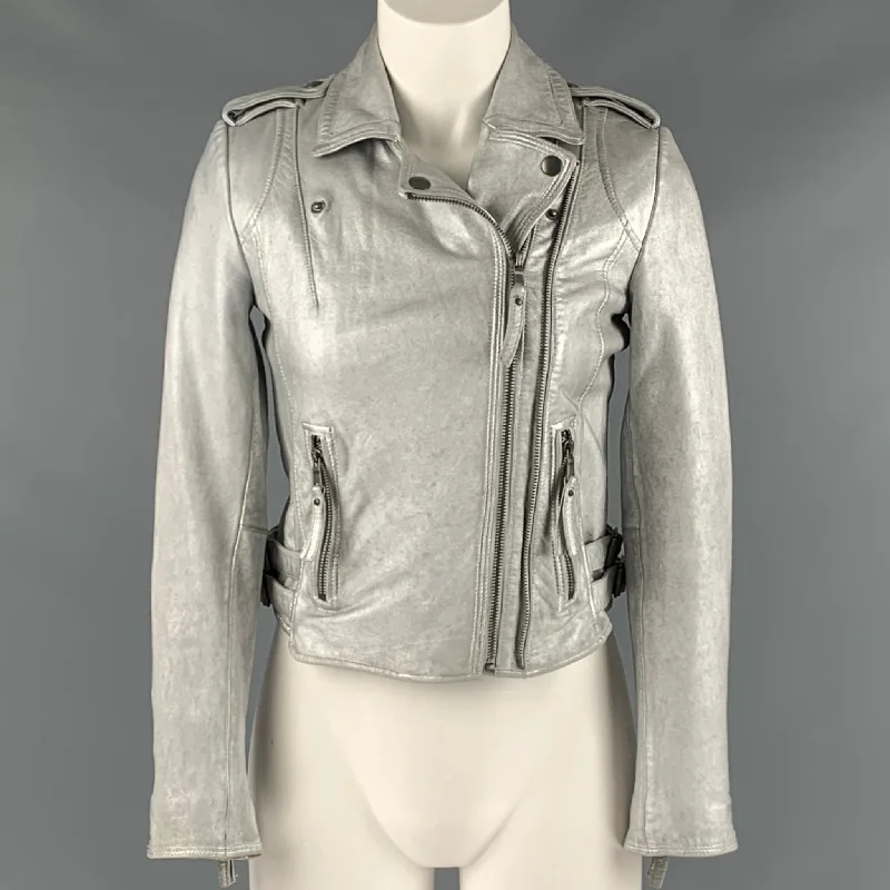 JOIE Size XS Silver Leather Metallic Lambskin Biker Jacket Zippered Jacket Buttoned Jacket Snapped Jacket
