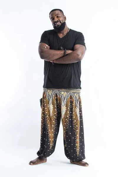 Plus Size Unisex Peacock Feathers Harem Pants in Black Lightweight Jogger Pants