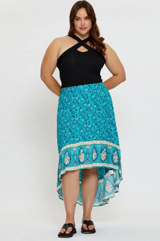 Boho Print Midi Skirt High-low denim skirt classic