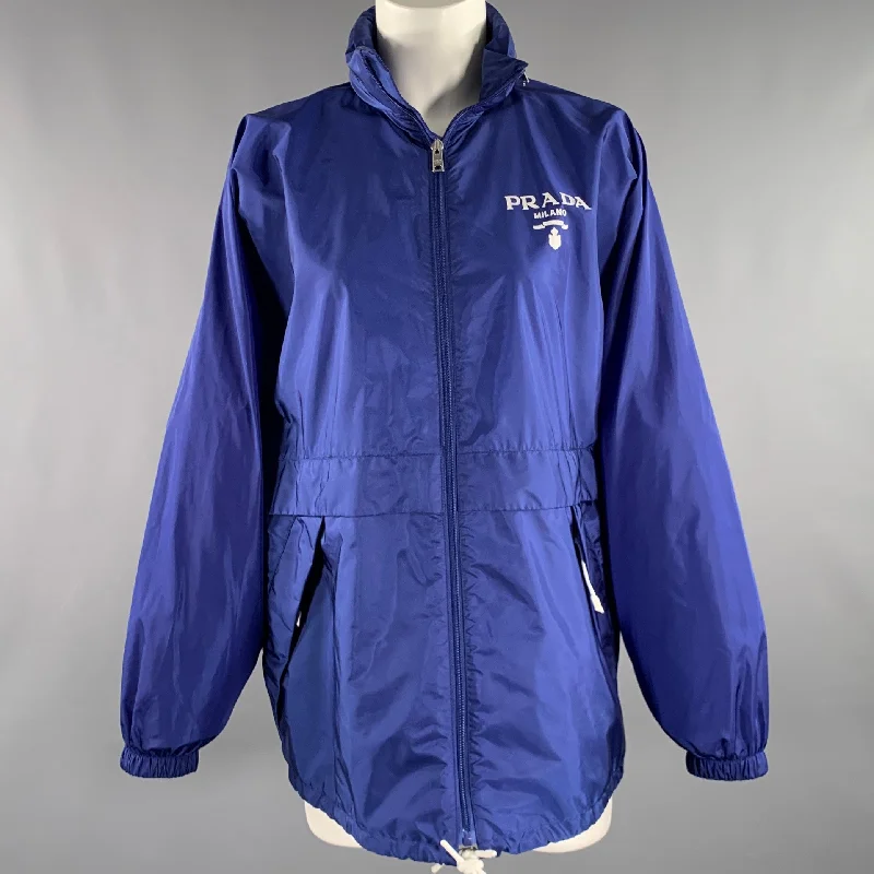 PRADA Size 0 Blue Polyamide Logo Windbreaker Jacket Oversized Jacket Tailored Jacket Straight Jacket