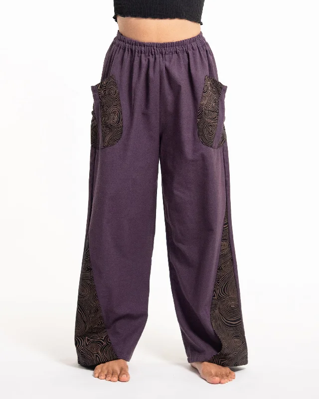 Unisex Thai Cotton Pants with Hill Tribe Trim in Violet Stylish Elastic Waist Pants