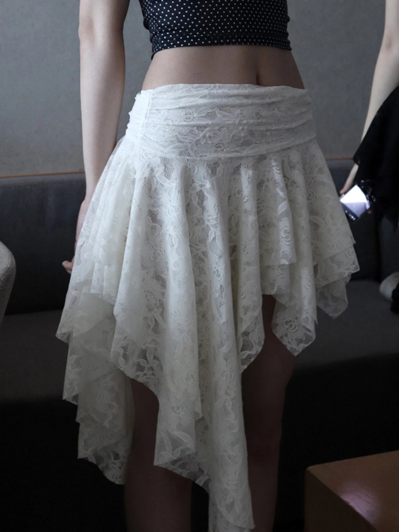 Rockmore Boho Asymmetrical Ruffle Lace Skirt Women Street Vintage Mini Skirt Korean Lady Elegant Casual White Tiered Layer Skirt denim skirt stylish