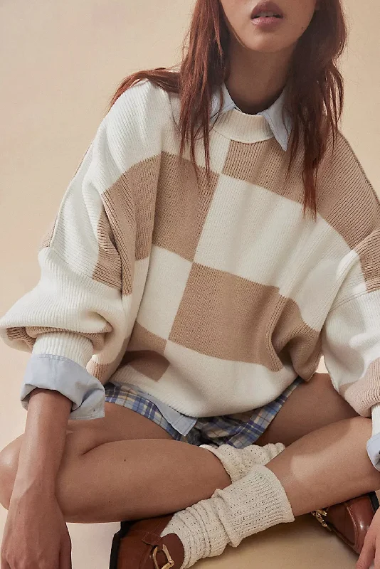 Checkered Side Slits Drop Shoulder Oversized Sweater Faux Fur Fabric Real Fur Fabric Shearling Fabric
