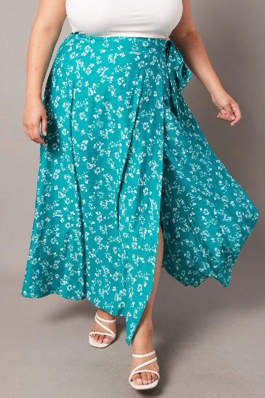Green Ditsy Wrap Maxi Skirt cashmere skirt fine