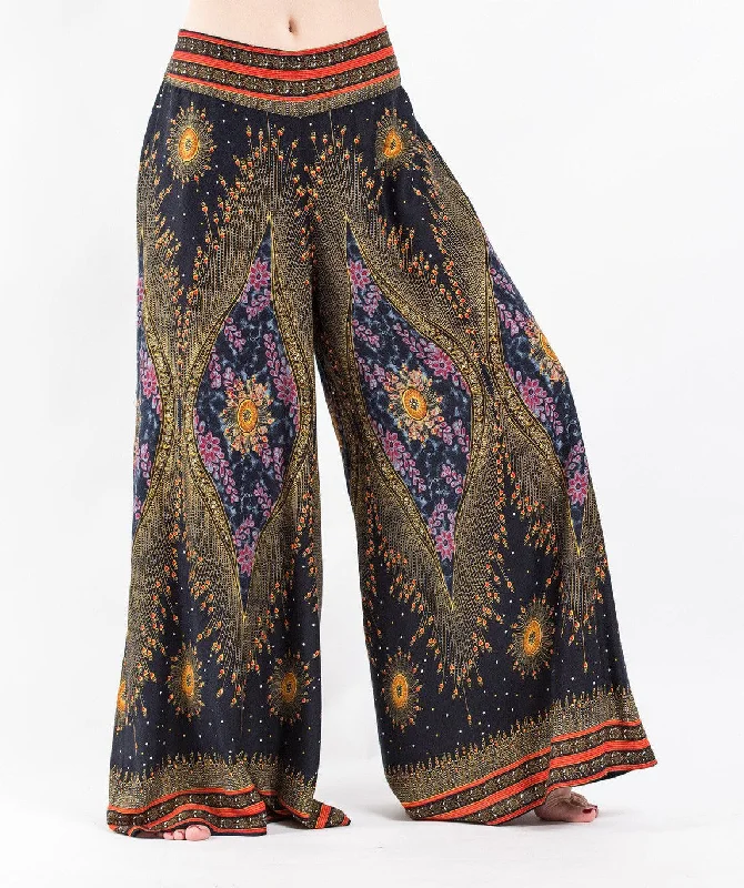 Womens Peacock Eyes Palazzo Pants in Black Elegant Trouser Pants