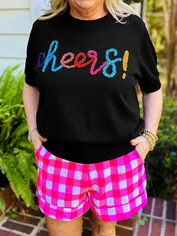 Sparkling Black Glitter Tinsel Cheers Plus Size Short Sleeve Sweater Modern Contemporary Chic Sparkling Black Glitter Tinsel Cheers Plus Size Short Sleeve Sweater Modern Contemporary Chic