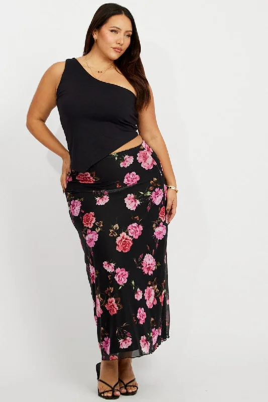 Black Floral Lace Trim Mesh Midi Skirt linen skirt natural