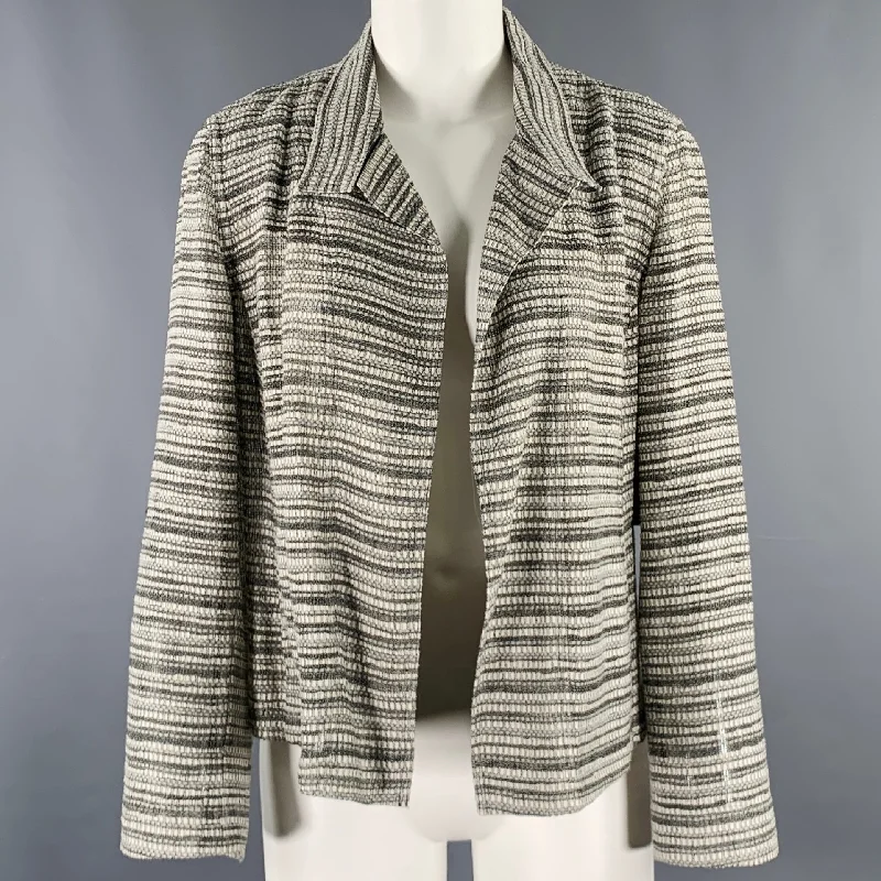 AKRIS Size 8 Grey White Cotton Wool Stripe Open Front Jacket Boat Neck Shawl Collar Notched Collar