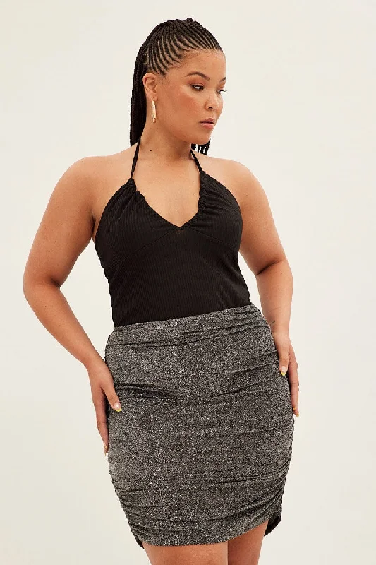 Black Mini Skirt Lurex Elastic Waist Ruched cashmere skirt fine