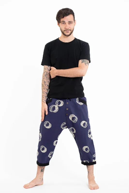 Unisex Circles Harem Pants with Faux Buttons in Navy Trendy Work Pants