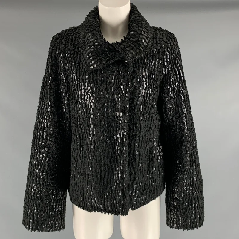 EMPORIO ARMANI Size 8 Black Polyester Textured Jacket Faux Fur Jacket Real Fur Jacket Shearling Jacket