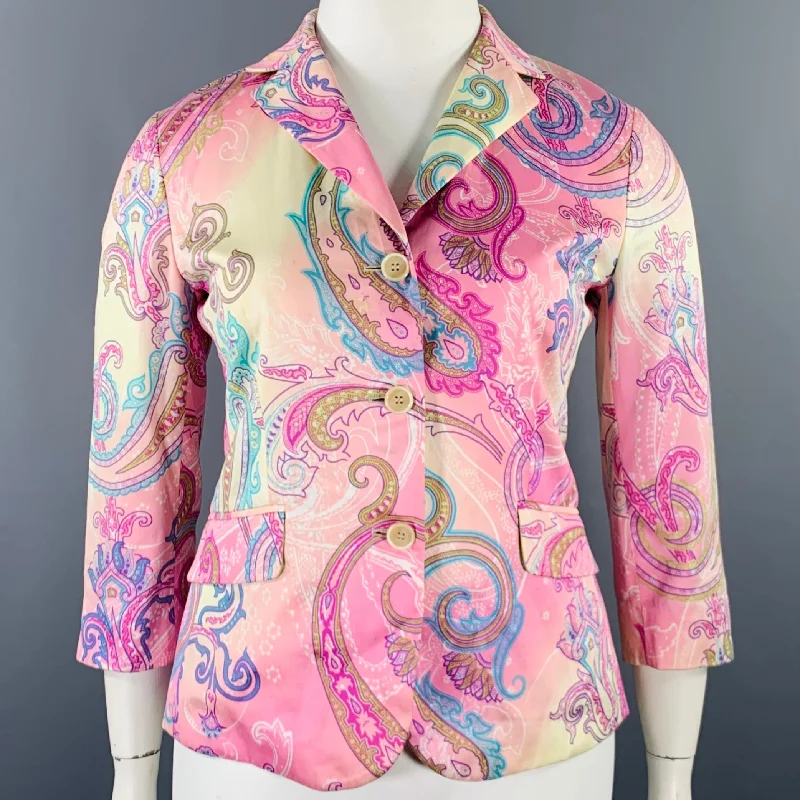 ETRO Size 10 Pink Multi Color Cotton Paisley Jacket Blazer Zippered Front Buttoned Front Snap Front