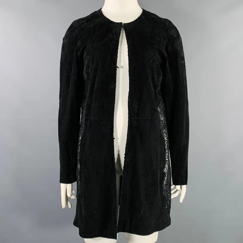 ELIE TAHARI Size L Black Lambskin Suede Hook Eye Closure Jacket Wool Jacket Cashmere Jacket Tweed Jacket