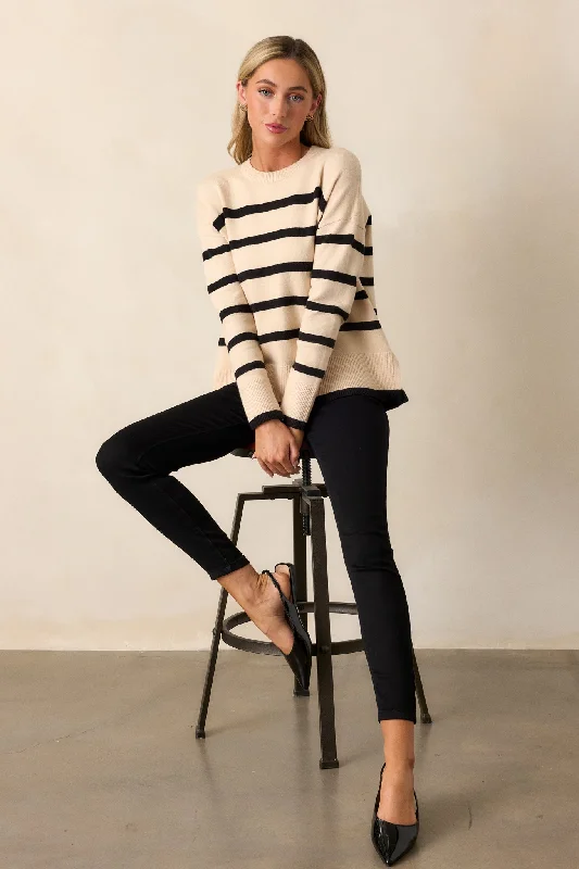 Time to Unwind Beige Stripe Knit Sweater Turtle Neck Boat Neck Asymmetrical Neck