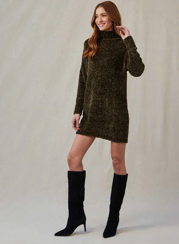 Turtle Neck Chenille Sweater Dress - Italian Herb Cable Knit Ribbed Knit Lace Knit