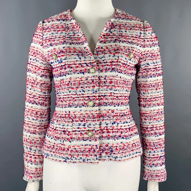 KARL LAGERFELD Size 10 White Red Blue Cotton Blend Boucle Jacket Mesh Jacket Canvas Jacket Denim Jacket