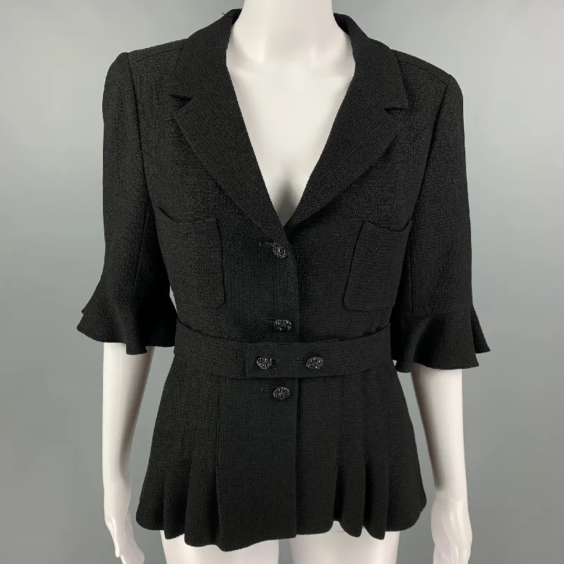 CHANEL Size 8 Black Wool Blend Textured Short Sleeve Jacket Satin Jacket Silk Jacket Chiffon Jacket CHANEL Size 8 Black Wool Blend Textured Short Sleeve Jacket Satin Jacket Silk Jacket Chiffon Jacket