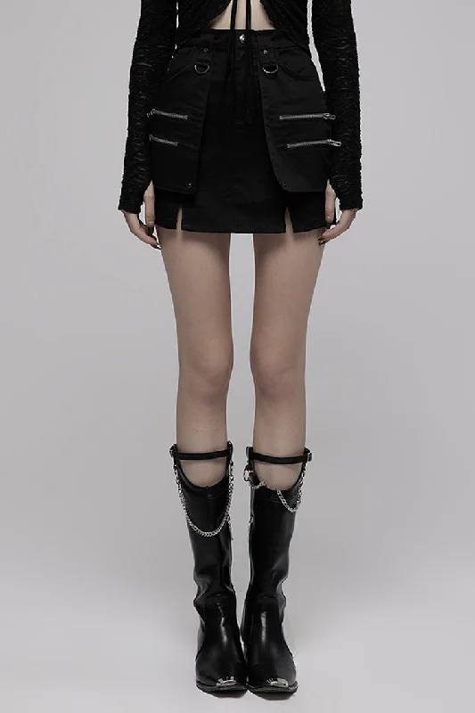 Black Heavy Industrial Hem Slit Design Multi-Pocket Zipper Trim Sexy Women's Punk Mini Skirt cashmere skirt soft