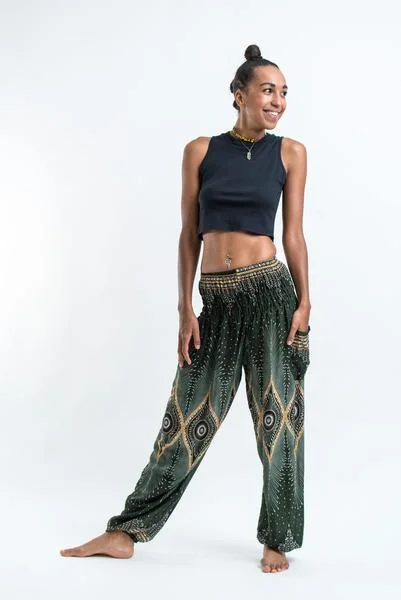Unisex Diamond Peacock Harem Pants in Green Modern Skinny Pants