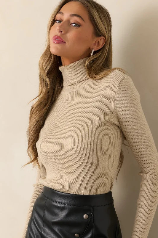 Let It Be Khaki Ribbed Long Sleeve Turtleneck Sweater Print Jacquard Patchwork