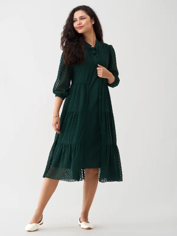 Gable Green Crepe Chiffon Swiss Dot Boat Neck Tunic Top with Jacket Fleece Jacket Down Jacket Parka