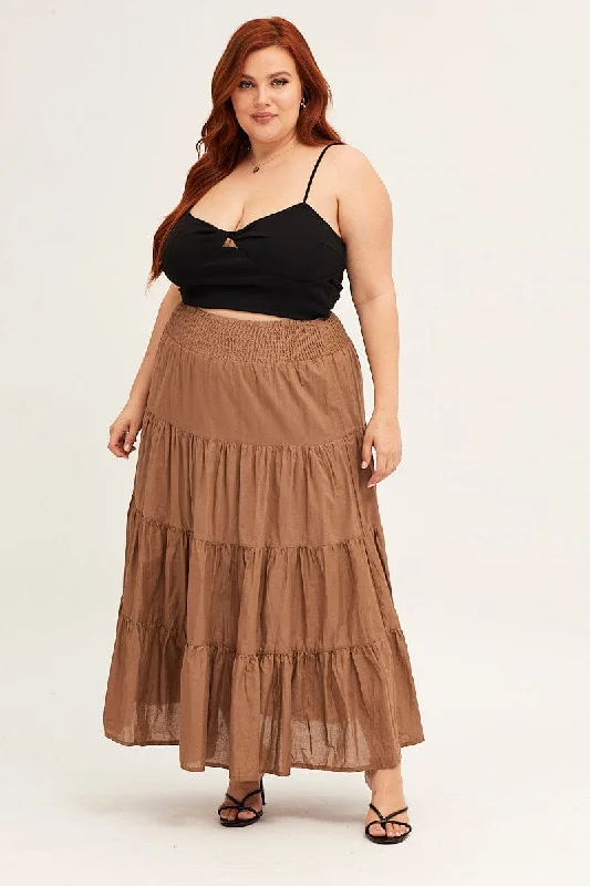 Brown Maxi Skirt Cotton Blend Tie denim skirt classic
