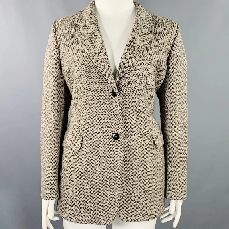 MARINA RINALDI Size L Black Beige Wool Blend Herringbone Jacket Blazer Knit Fabric Woven Fabric Fleece Fabric MARINA RINALDI Size L Black Beige Wool Blend Herringbone Jacket Blazer Knit Fabric Woven Fabric Fleece Fabric