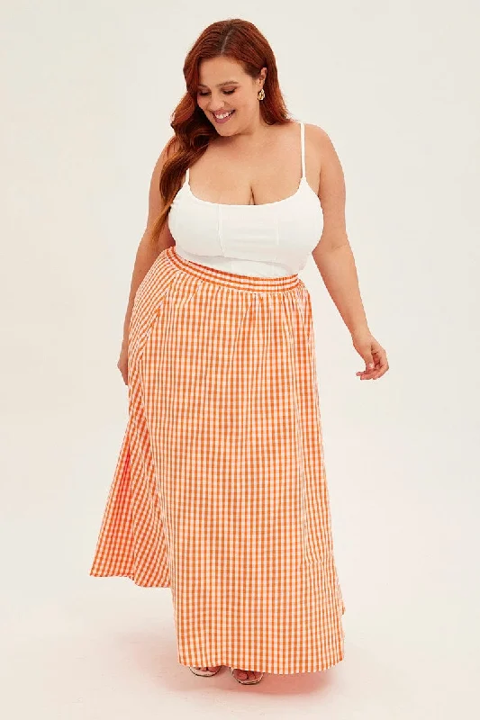 Orange Check Midi Skirt High Waist Elaticated Waist high slit skirt