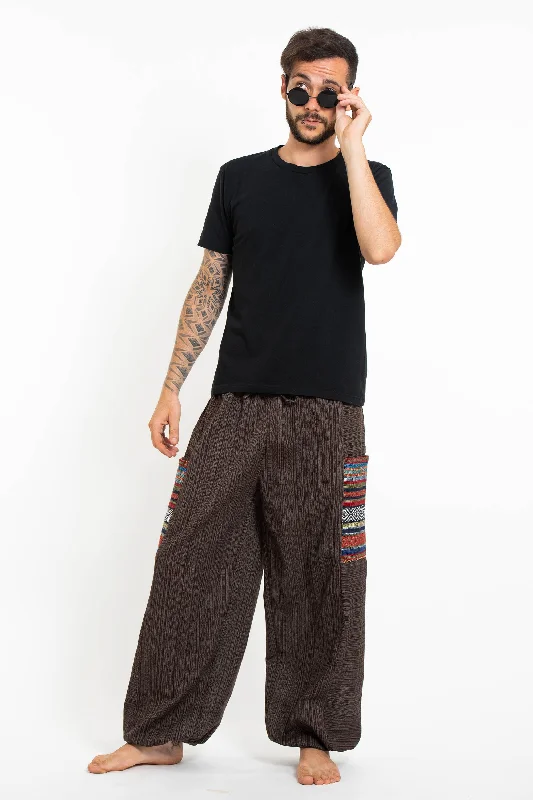 Unisex Pinstripe Cotton Pants with Aztec Pocket in Brown Chic Capri Pants