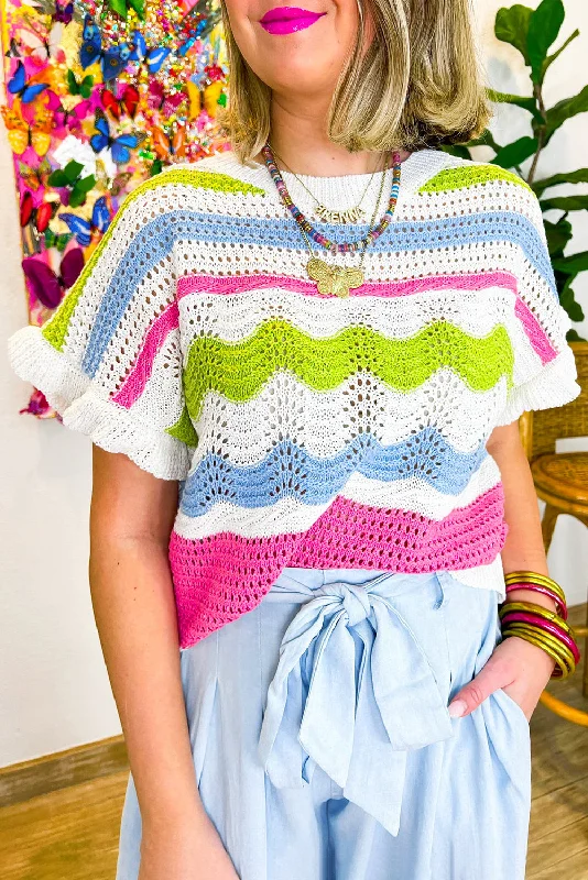 Colorblock Crochet Knit Ruffled Short Sleeve Sweater Top Denim Fabric Leather Fabric Suede Fabric