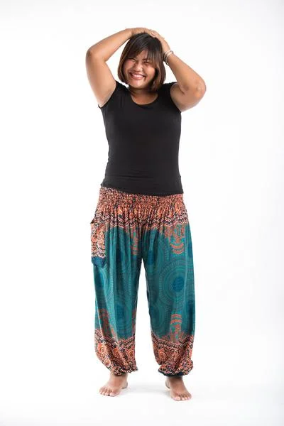 Plus Size Unisex Geometric Mandalas Harem Pants in Turquoise Casual Lounge Pants