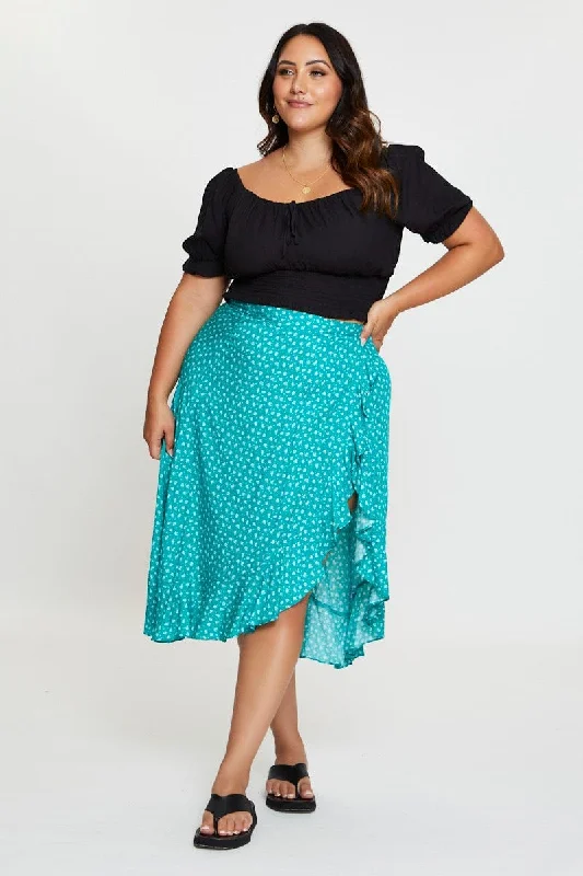 Floral Print Midi Skirt Ruffle Hem breathable skirt fabric