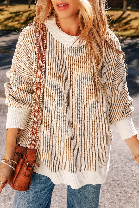 Striped Textured Knit Contrast Edge Loose Sweater Zippered Buttoned Snapped