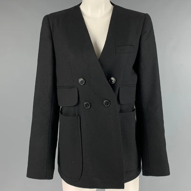 CARVEN Size L Black Wool Double Breasted Jacket Cotton Fabric Linen Fabric Terry Fabric