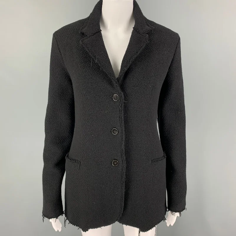 M.A+ Size M Black Textured Buttoned Jacket Notch Collar Peter Pan Collar Cowl Neck