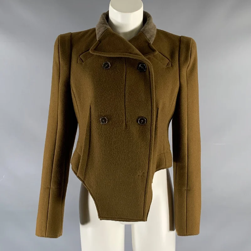 CARVEN Size 4 Brown Wool Blend Asymmetrical Jacket Notch Collar Peter Pan Collar Cowl Neck