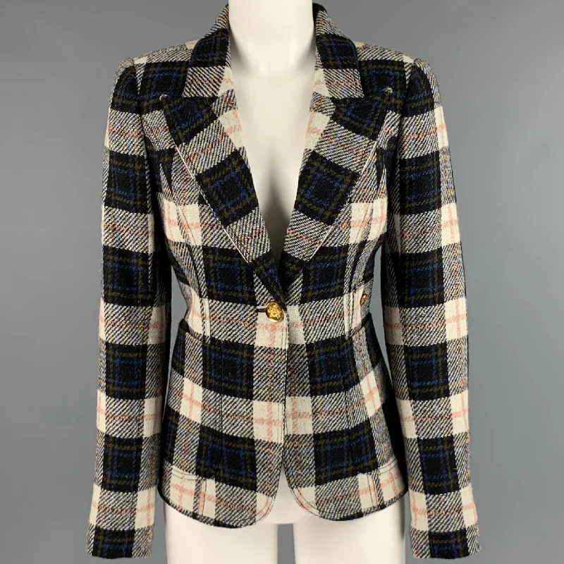 SMYTHE Size 8 Cream Black Wool Plaid Single Button Jacket Print Jacket Jacquard Jacket Embroidered Jacket