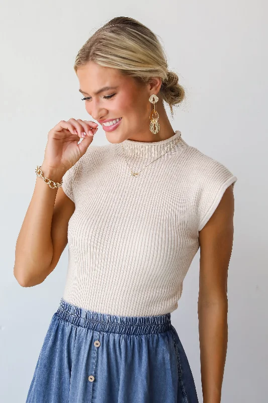 Seasonal Grace Beige Sweater Top Wool Fabric Cashmere Fabric Tweed Fabric
