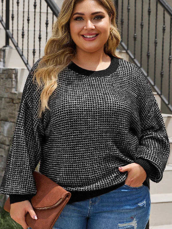 Black Heathered Knit Plus Size Drop Shoulder Sweater Hooded Caped Shawl Collar