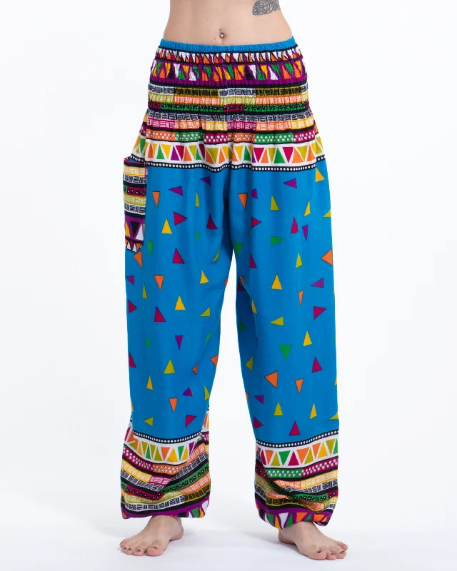 Unisex Triangles Harem Pants in Ocean Blue Trendy Wide-Legged Trousers
