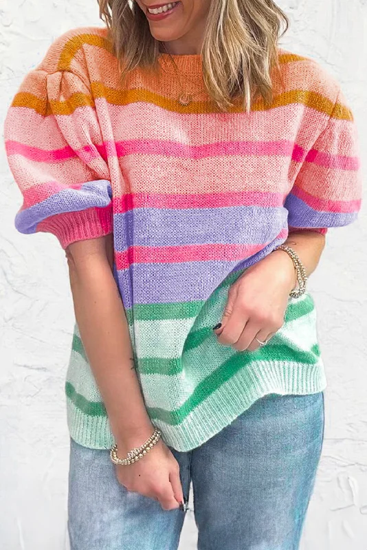 Colorful Stripe Bubble Short Sleeve Sweater Solid Color Striped Floral Print