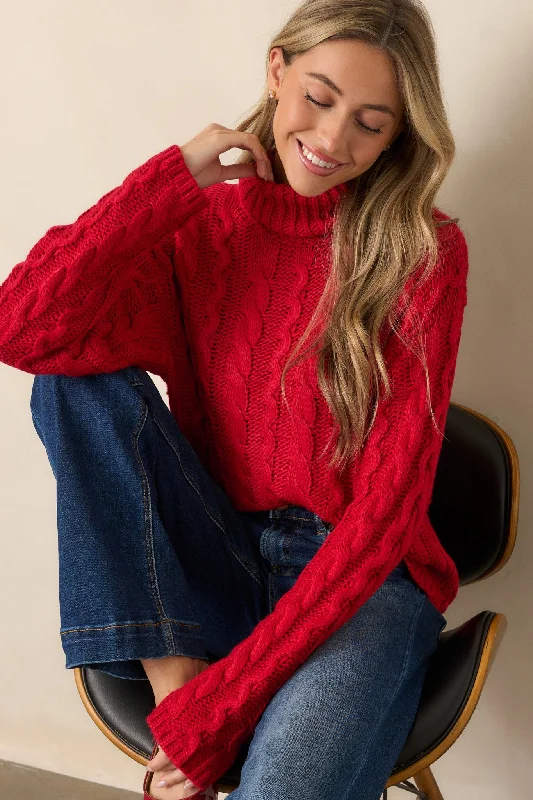 Z Supply Tied To You Red Cable Knit Turtleneck Sweater Toggled Drawstring Belted