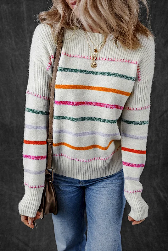 Colorful Striped Ribbed Trim Sweater Neon Metallic Matte