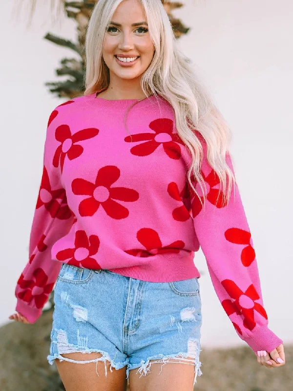 Big Floral Pattern Ribbed Trim Rose Sweater Bright Pastel Dark
