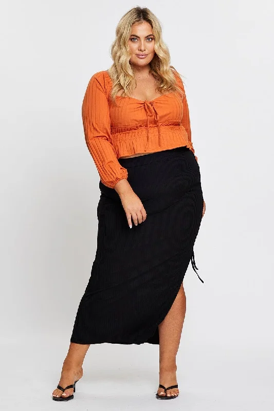Black Rib Ruched Midi Skirt velvet skirt luxurious