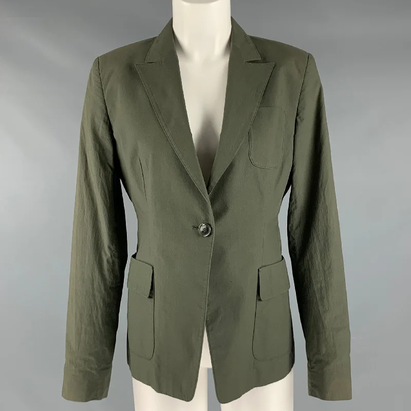 PAUW Size 2 Green Olive Cotton Single Button Jacket V-Neck Jacket Boat Neck Jacket Square Neck Jacket