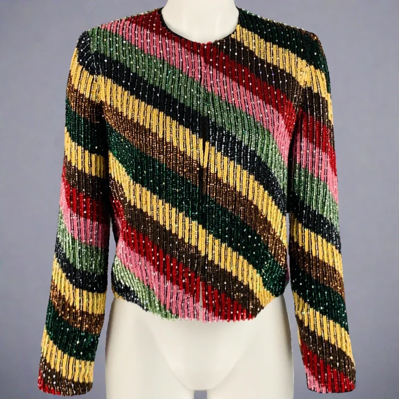 ALICE + OLIVIA Size S Multi Color Silk Stripe Jacket One-Shoulder Jacket Off-the-Shoulder Jacket Asymmetrical Jacket