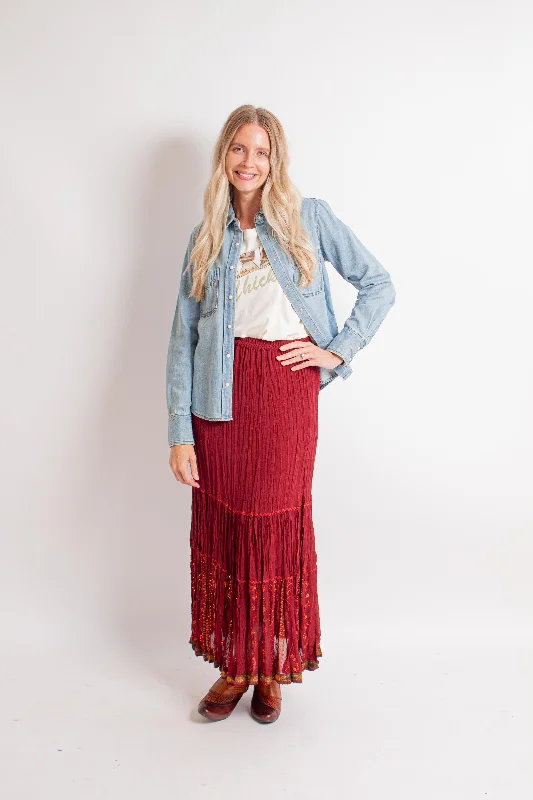 Burgundy Embroidered Georgette Skirt seamless skirt comfort