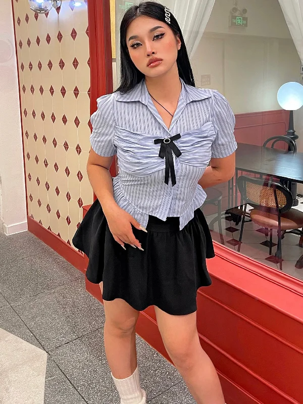 Jennie Plus Size Blue Stripe Short Sleeve Bow Silver Brooch Button Up Top + Plus Size Solid Color High Waist Pleated Mini Skirt Cute Matching Set lace skirt intricate